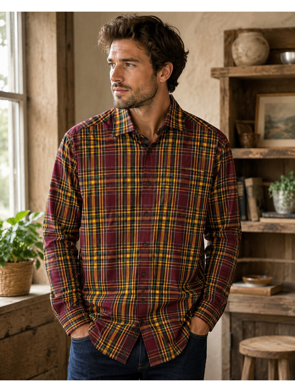 STAFFORD Mens M Plaid Button Down Shirt Long Sleeve Red Yellow Green Cotton